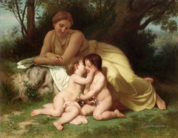 抱きしめる2人の子供を熟考する若い女性 リアリズム ウィリアム・アドルフ・ブーグロー Oil Paintings